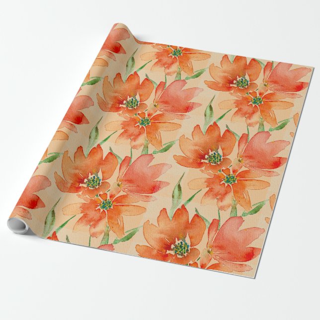 Papier Cadeau Trio de Fleurs Rouge Orange Tropical (Déroulé)