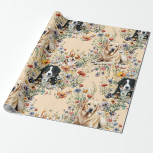 Papier Cadeau Trois chiens dans des fleurs sauvages sans couture