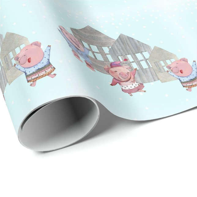 Papier Cadeau Trois petits cochons avec leurs maisons (Coin rond)