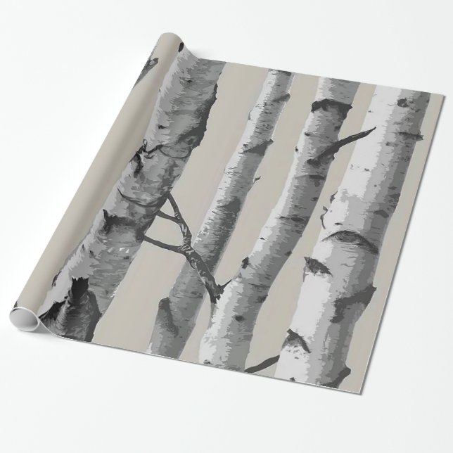 Papier Cadeau Troncs d'arbre de bouleau blanc sur le beige (Déroulé)