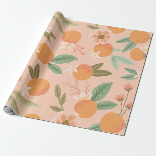 Papier Cadeau Tropical Citrus Floral Rose (Déroulé)