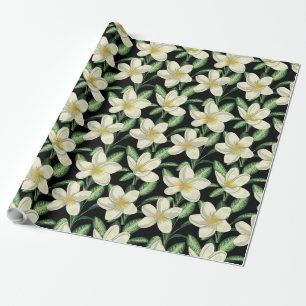 Papier Cadeau Tropical continu motif fleurs blanches feuille ver