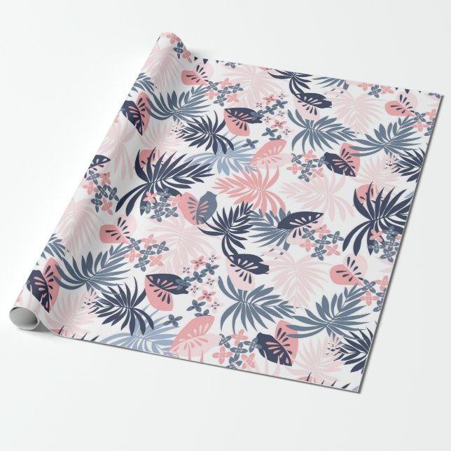 Papier Cadeau Tropical feuille Marine rose roux bleu poussiéreux (Déroulé)