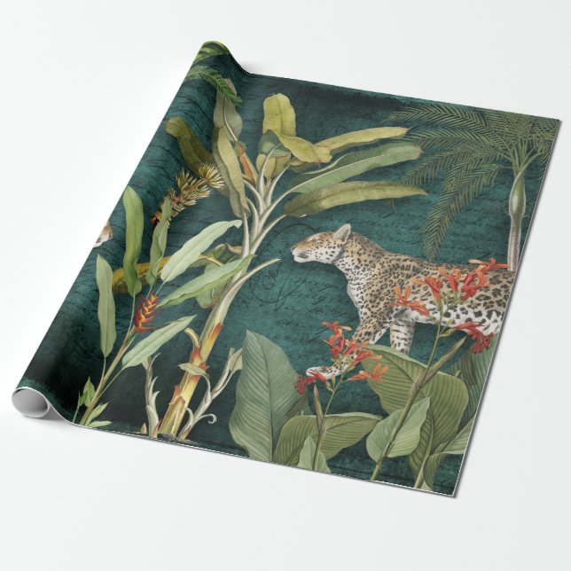 Papier Cadeau Tropical Floral Leopard Turquoise Foliage Découpag (Déroulé)