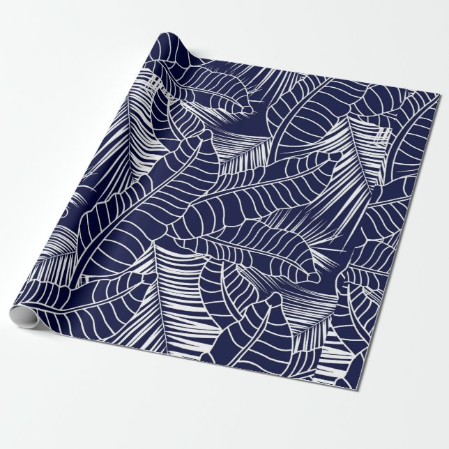 Papier Cadeau tropical leaf pattern on the navy blue background (Déroulé)