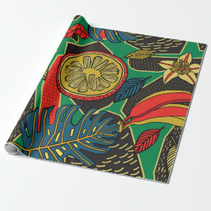 Papier Cadeau Tropical motif floral en style doodé avec fruit