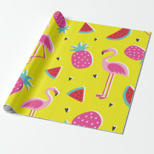 Papier Cadeau  tropical patternwith pink pineapple, flamingos, w