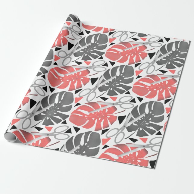 Papier Cadeau Tropical print monstera leaves scissors jungle exo (Déroulé)