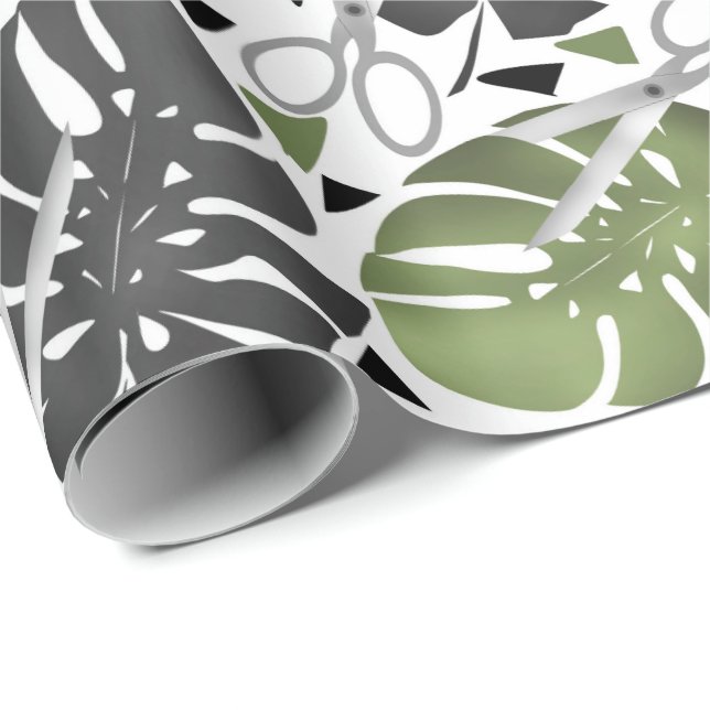 Papier Cadeau Tropical print monstera leaves scissors jungle exo (Coin rond)