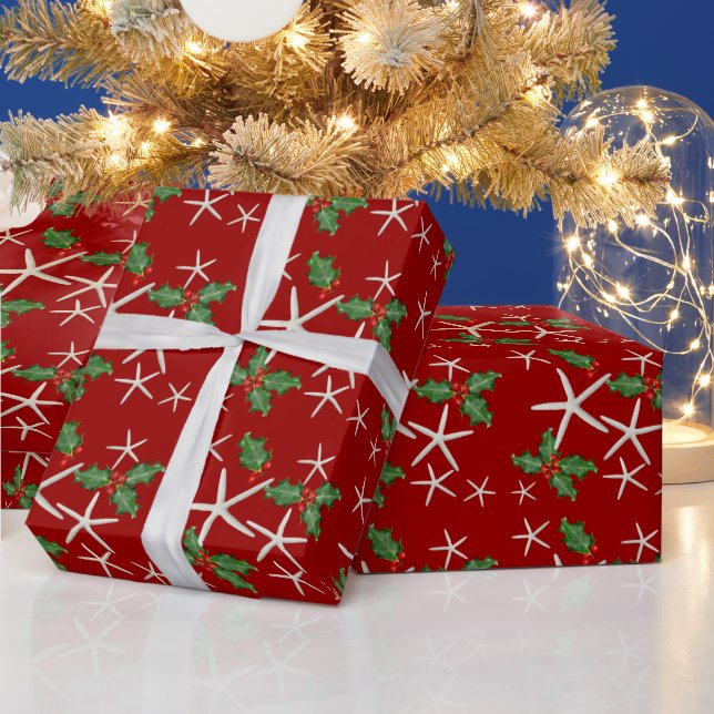 Papier Cadeau Tropical Starfish and Holly Red Christmas Paper (Vacances)