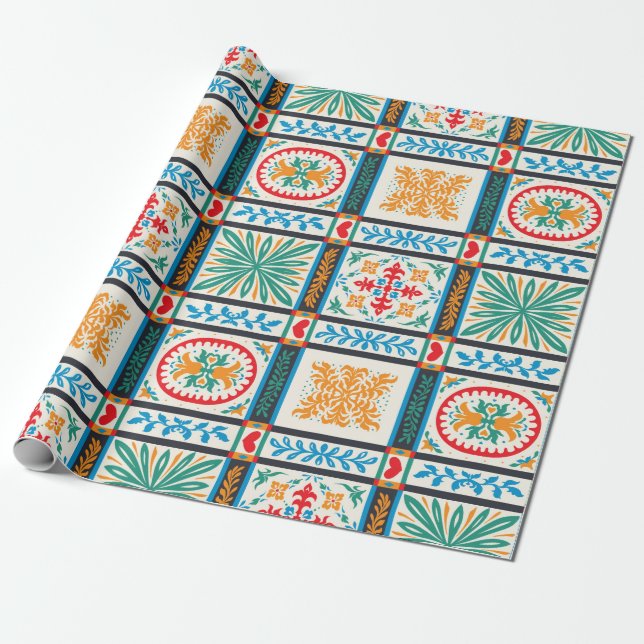 Papier Cadeau tuile en majolique italienne. Broderie avec fleurs (Déroulé)