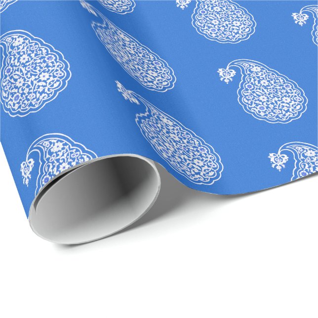 Papier Cadeau Tuile persane Paisley - blanc sur le bleu de (Coin rond)
