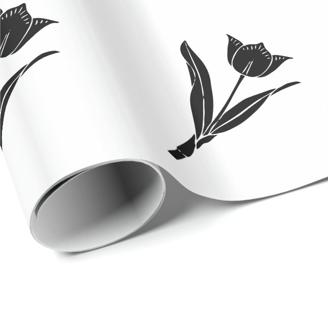 Papier Cadeau Tulipe noire, Noir et Blanc, Fleur, Floral (Coin rond)