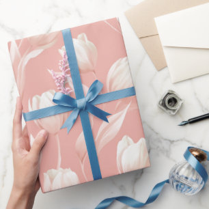 Papier Cadeau Tulipe Rose Pâle Motif Floral Blanc