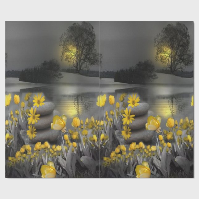 Papier Cadeau Tulipes gris et jaunes, marguerites au coucher du  (Couture)