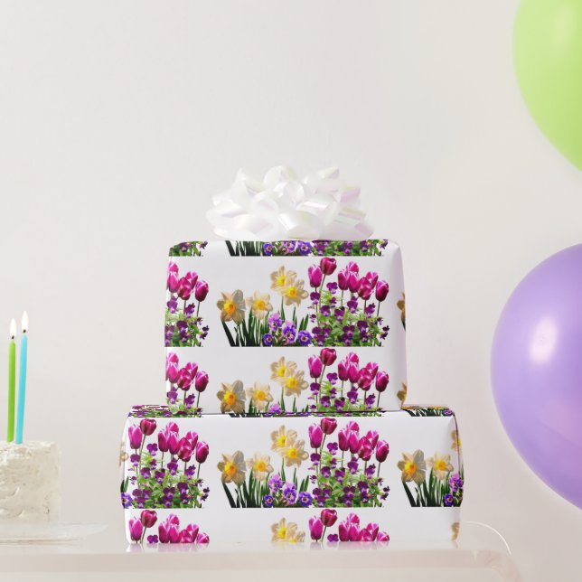Papier Cadeau Tulipes roses et jonquilles papier à envelopper (Cadeaux de fête)