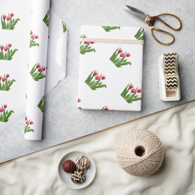 Papier Cadeau Tulipes rouges avec verdure sur blanc (Artisanat)