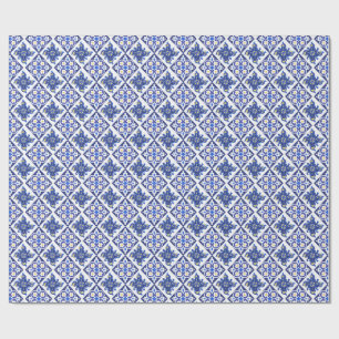 Papier Cadeau Tulle Mariage Carreaux Italiens Jaune Bleu Motif