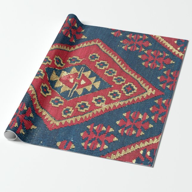 Papier Cadeau Turc Kilim Tapis tapis Antique Rouge Bleu (Déroulé)