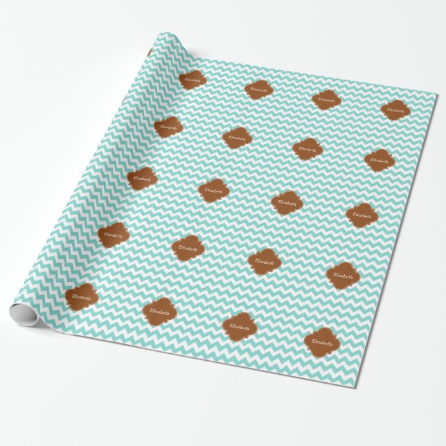 Papier Cadeau Turq / Aqua Wht Chevron Brown Quatrefoil Monogramm (Déroulé)
