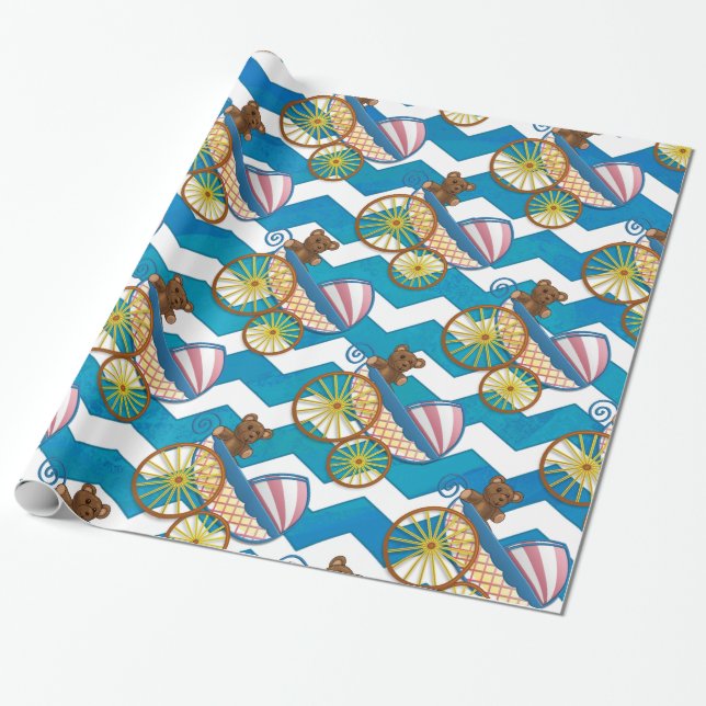 Papier Cadeau Turquoise Blue Chevron Baby Carriage Motif (Déroulé)