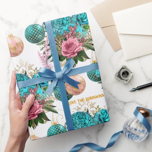 Papier Cadeau Turquoise & Blush Floral Élégant Noël personnalisé (Cadeaux)
