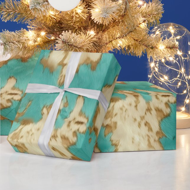 Papier Cadeau Turquoise Brown Cream Animal Cowhide Western (Vacances)