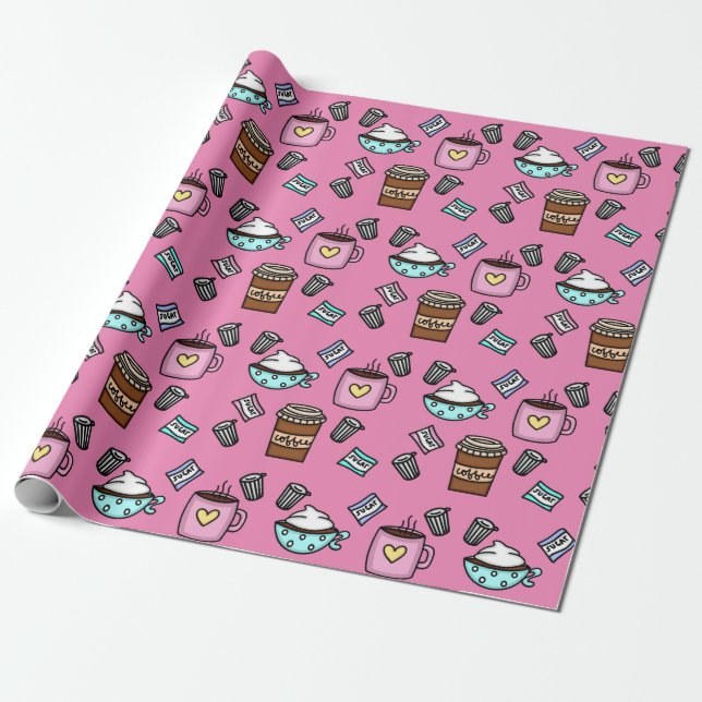 Papier Cadeau Turquoise et rose mignon tasses à café envelopper  (Déroulé)