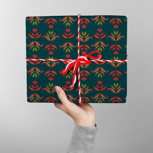 Papier Cadeau Turquoise Folk Art Floral Cosy & Rustique Noël (Créateur téléchargé)