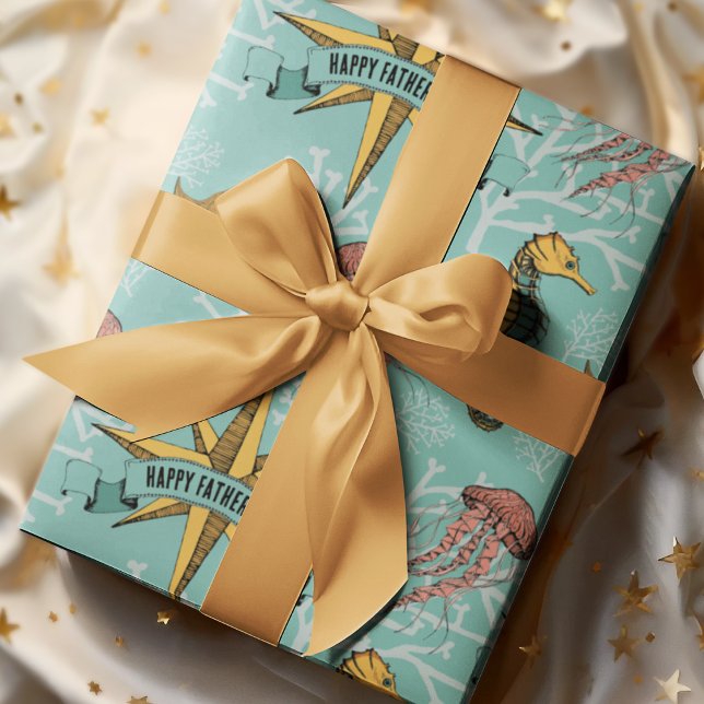 Papier Cadeau Turquoise Nautique Star Custom Text Marine (Cool Hand-drawn Illustration in black ink: Nautical Star, Seahorse, Jellyfish, Coral.
Custom Text.)