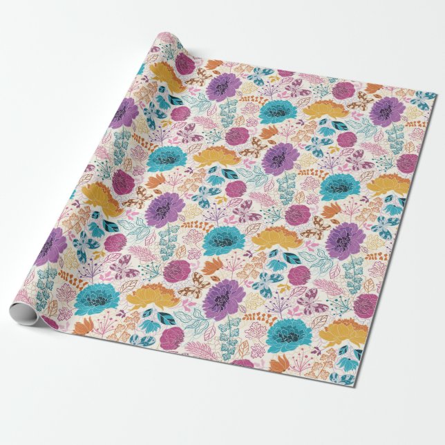 Papier Cadeau Turquoise Purple Jaune Fleurs de prairie de printe (Déroulé)