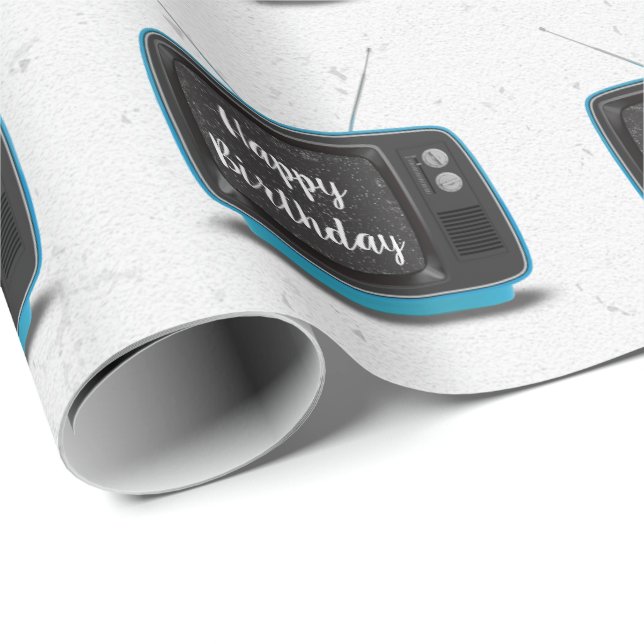 Papier Cadeau Turquoise Retro TV Anniversaire (Coin rond)