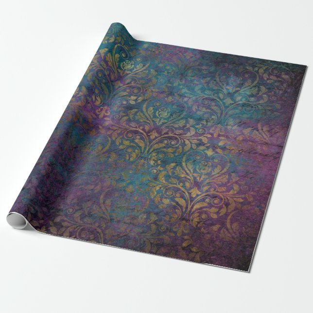 Papier Cadeau Turquoise rose violet Gold Damas (Déroulé)