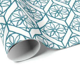 Papier Cadeau Turquoise sur Motif ethnique blanc, Fleurs, Chevro