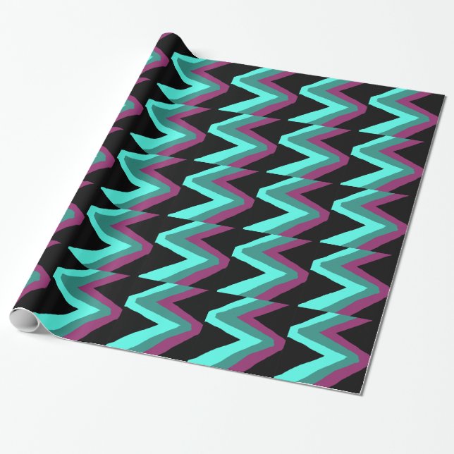 Papier Cadeau Turquoise, Turquoise, prune & noir zigzag (Déroulé)