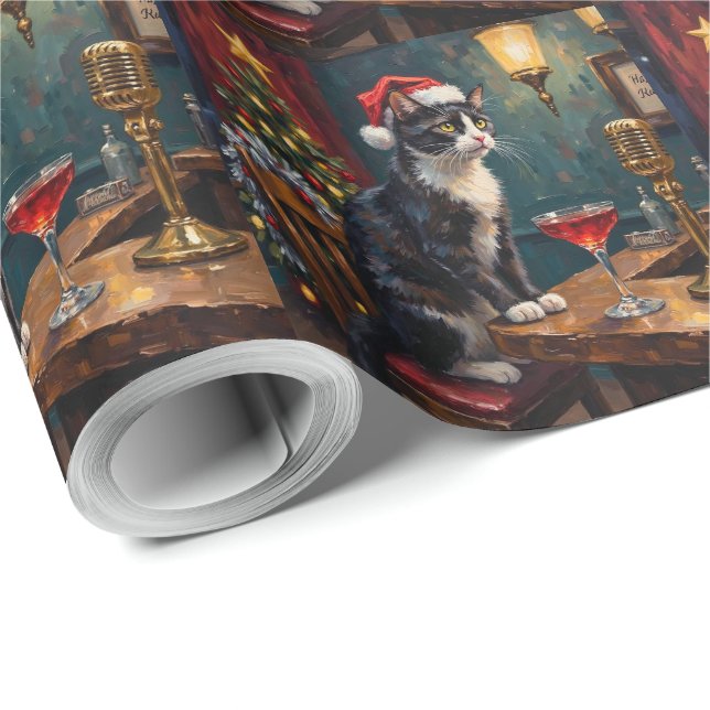 Papier Cadeau Tuxedo Cat Christmas Jazz Club Holiday (Coin rond)