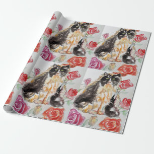Papier Cadeau Tuxedo Chat Cute Rose Fleurs Chats Aquarelle Rose