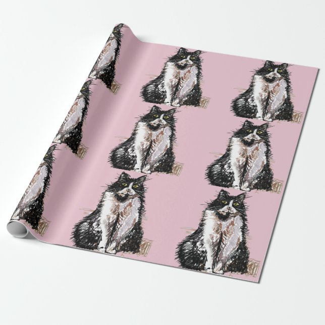 Papier Cadeau Tuxedo Chat Noir et Blanc Chats Bébé Rose (Déroulé)
