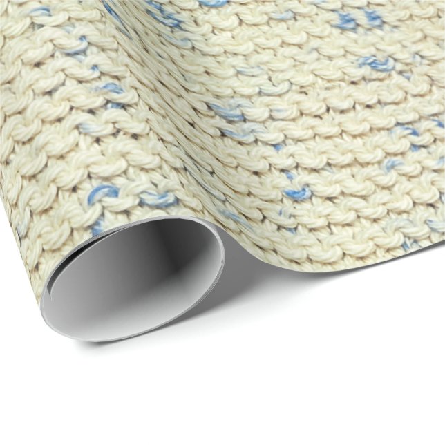 Papier Cadeau Tweed bleu/naturel de motif de Knit de point de (Coin rond)