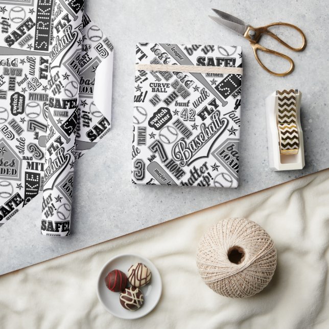 Papier Cadeau Typographie de baseball noir blanc ID770 (Artisanat)