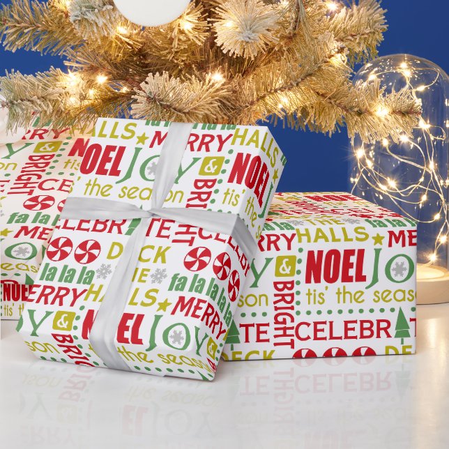 Papier Cadeau Typographie de Noël, Deck Halls, Noel, Joy, (Vacances)