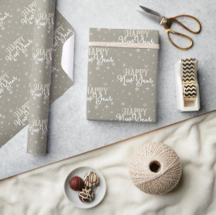 Papier Cadeau Typographie élégante White Taupe Star Bonne année
