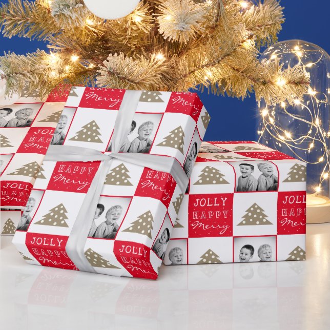 Papier Cadeau Typographie rouge festive Arbre de Noël Photo fami (Vacances)