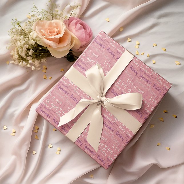 Papier Cadeau Typographie simple C'est un Baby shower de fille (Créateur téléchargé)