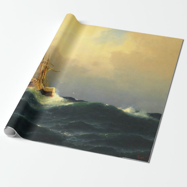 Papier Cadeau Un bateau à vapeur dans une tempête dans l'océan A (Déroulé)