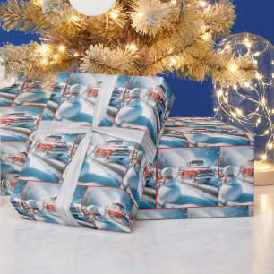 Papier Cadeau Un bonhomme de neige avec un camion rouge Retro