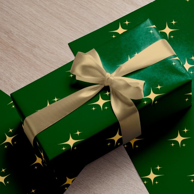 Papier Cadeau Un cadeau de Noël vert minimaliste aux étoiles d'o (Créateur téléchargé)