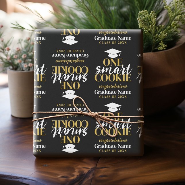 Papier Cadeau Un cookie intelligent - Moderne Black Gold Graduat (Custom Graduation Wrapping Paper)
