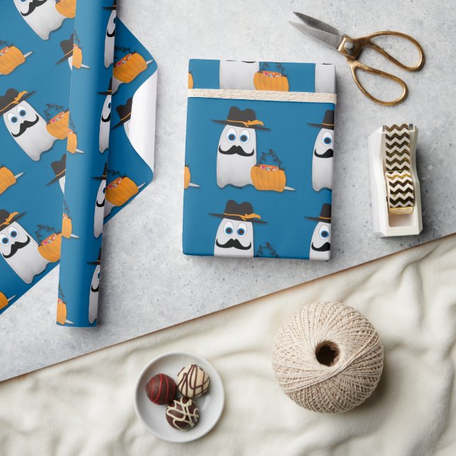 Papier Cadeau Un joli fantôme d'Halloween avec moustache Cool (Artisanat)