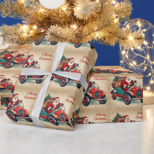 Papier Cadeau Un joyeux Noël Vintage Père Noël en voiture rouge